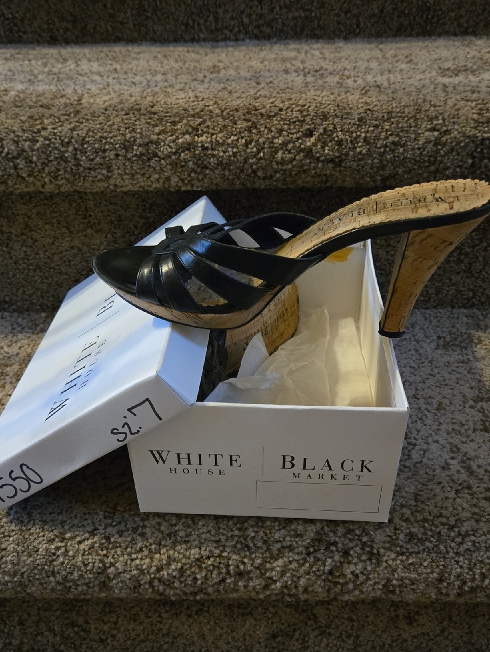 White House Black Market Black Leather Cork-Detail High Heel Mule